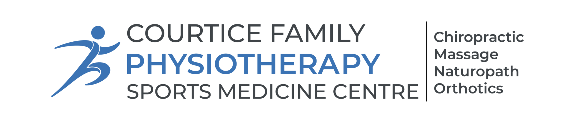 Logo showcasing Courtice Family Physiotherapy and Sports Medicine with Chirporactor, Massage therapy, Naturopath and Orthotics