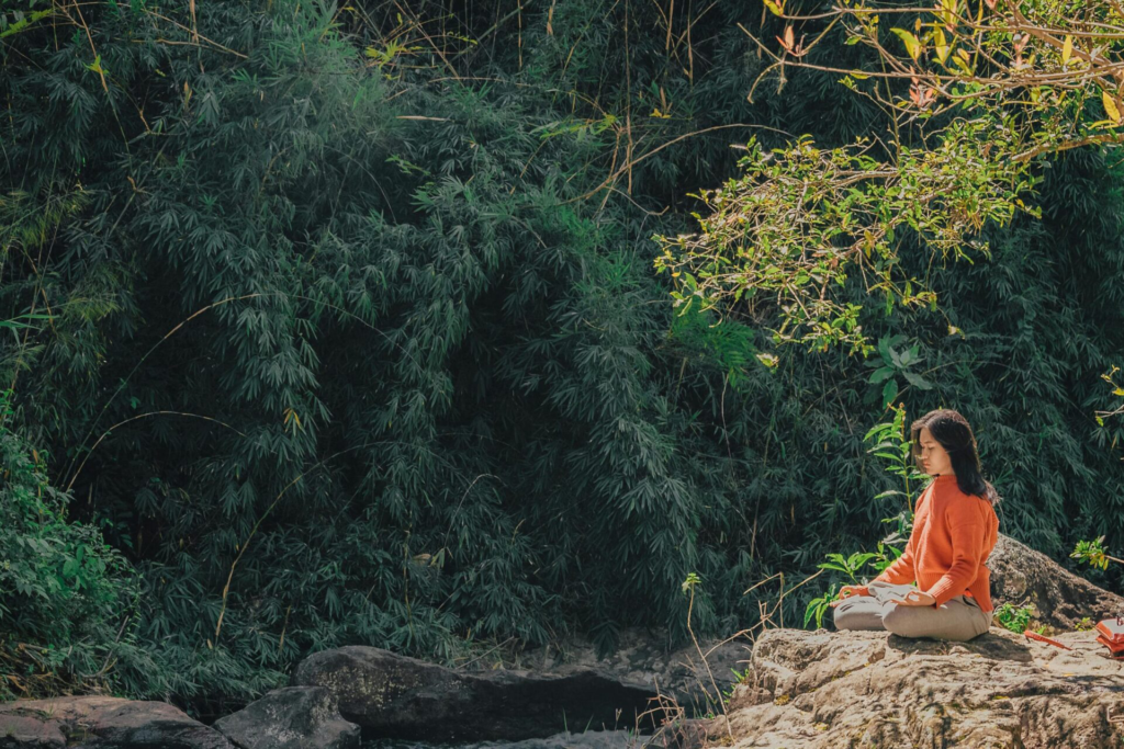 A woman sitting cross-legged in a peaceful meditation pose on a rock surrounded by lush green trees.